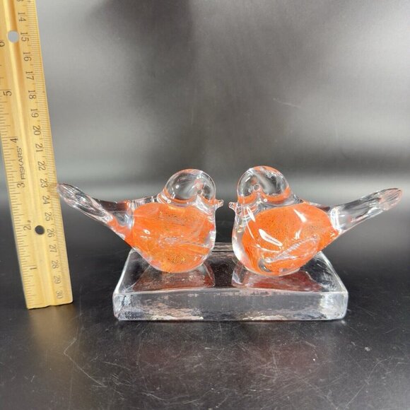 Vintage Murano ICET Hand Blown Glass Love Birds On Clear Block Sculpture Orange - Picture 5 of 14
